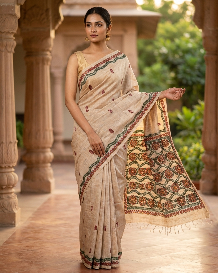 Handmade Madhubani Painting Saree with Blouse | Ethnic Saree