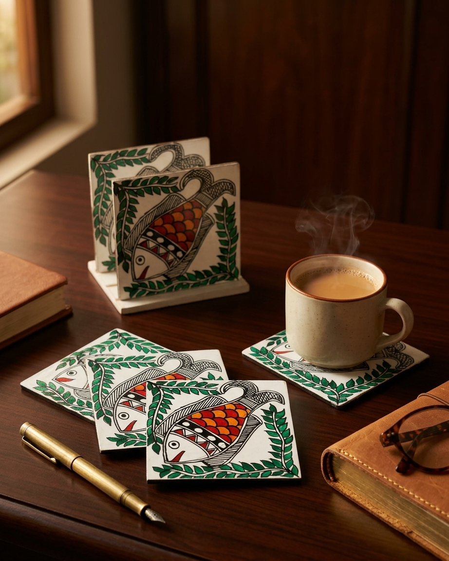 Handmade Fish Design Madhubani Coaster Set with Stand – MDF Board Decorative Tea Coasters (Set of 6)