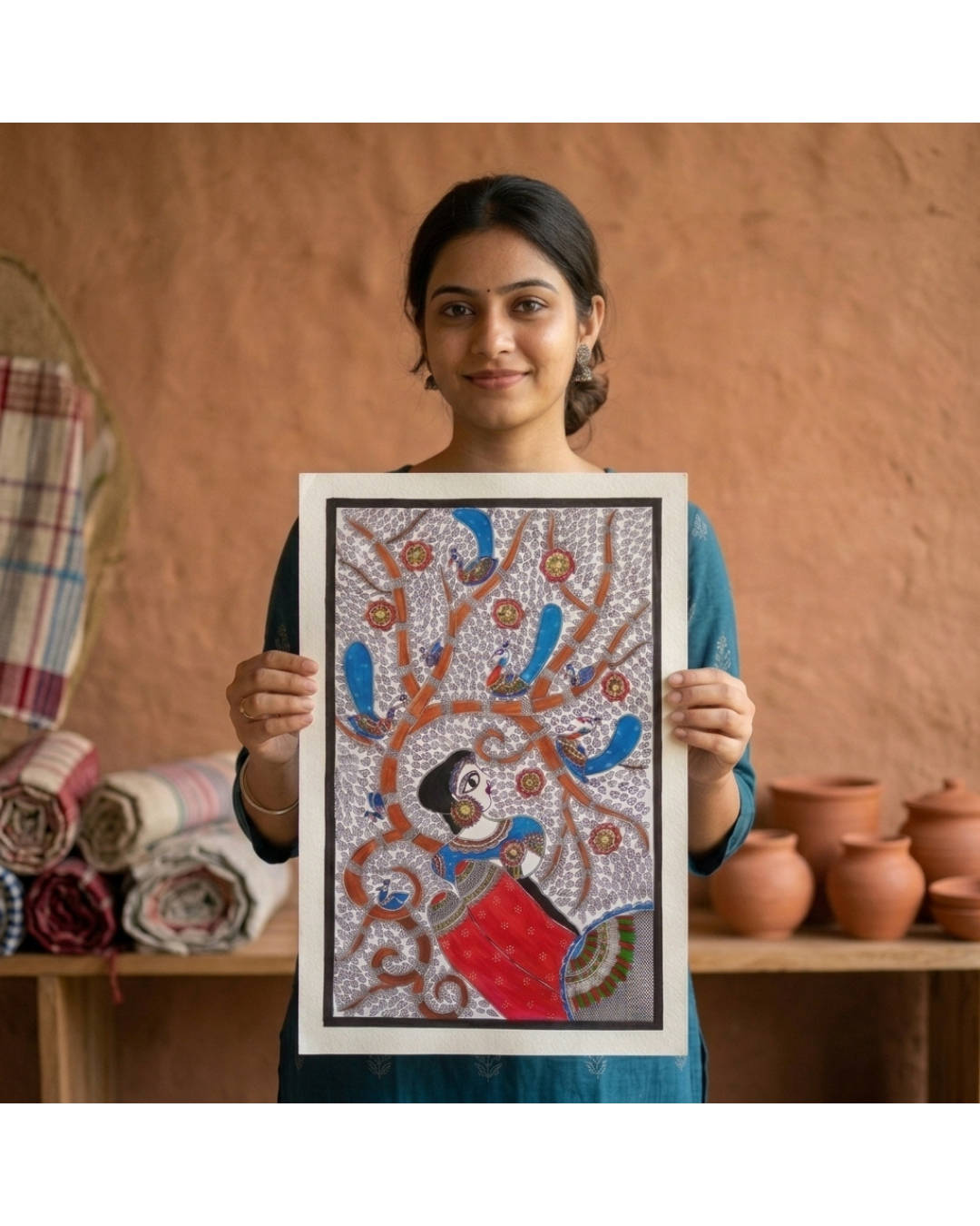 Bharti Mata Madhubani Painting on Handmade Paper (14x22 Inch) – Traditional Mithila Folk Art Wall Decor