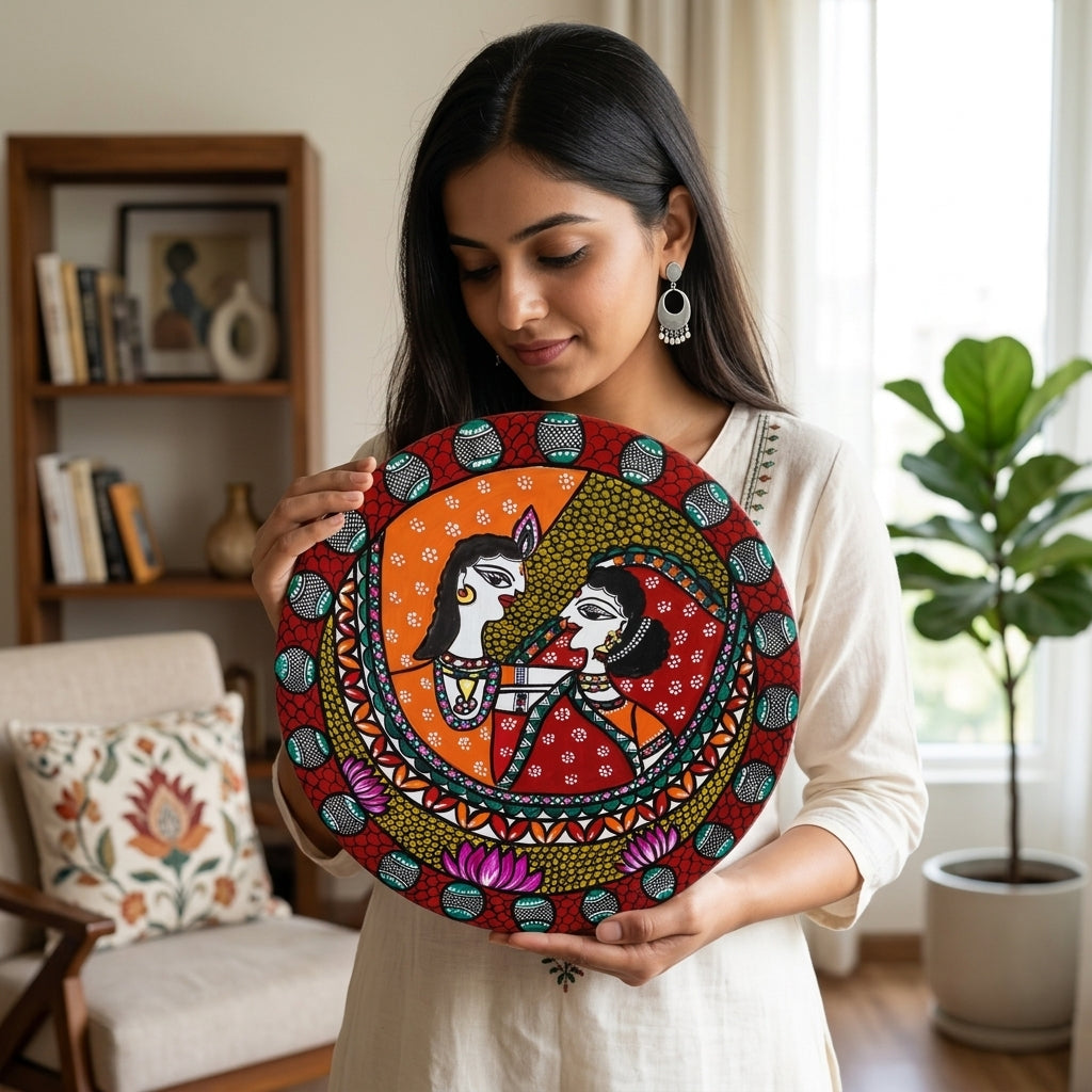 Krishna and Radha Madhubani Wall Art on MDF Board – Handmade Mithila Painting for Home Décor