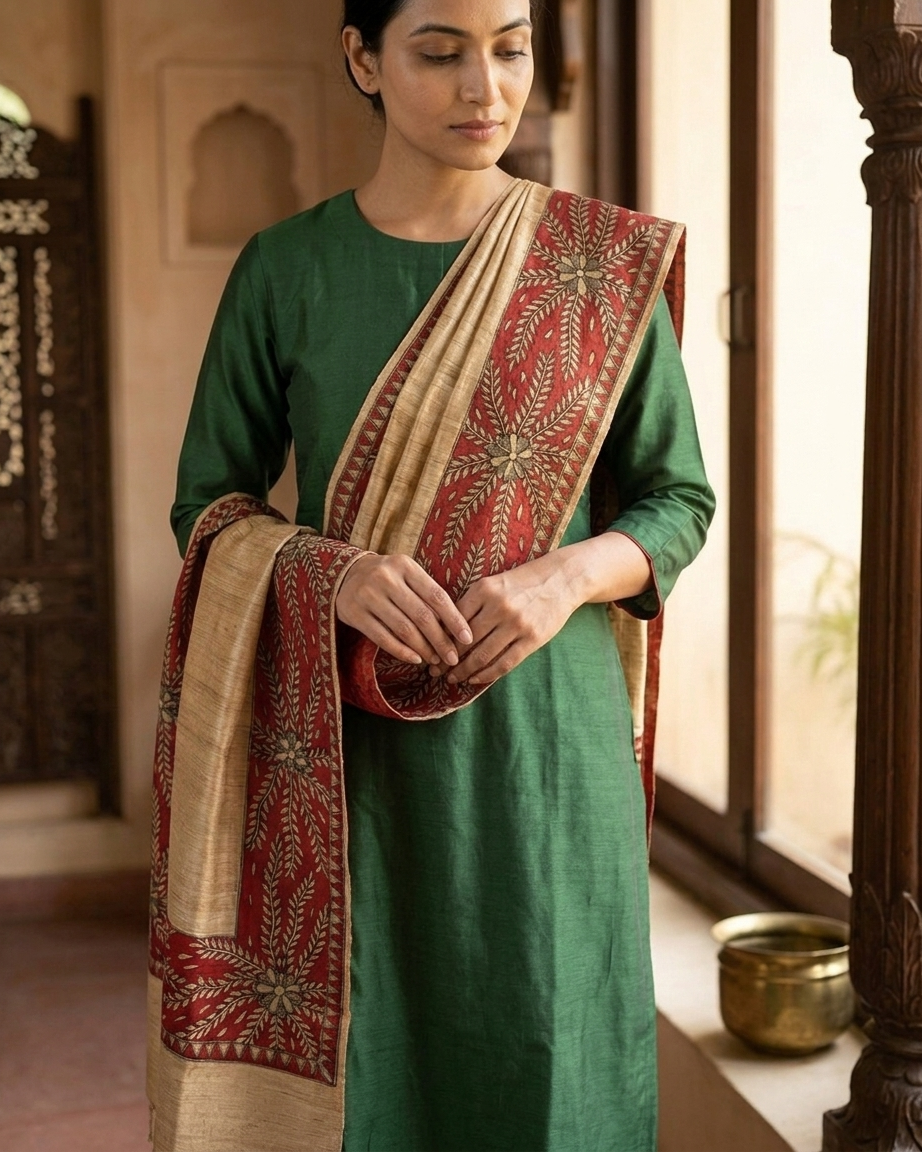Handmade Madhubani Painting Dupatta – Ethnic Wear Designer Dupatta for Women