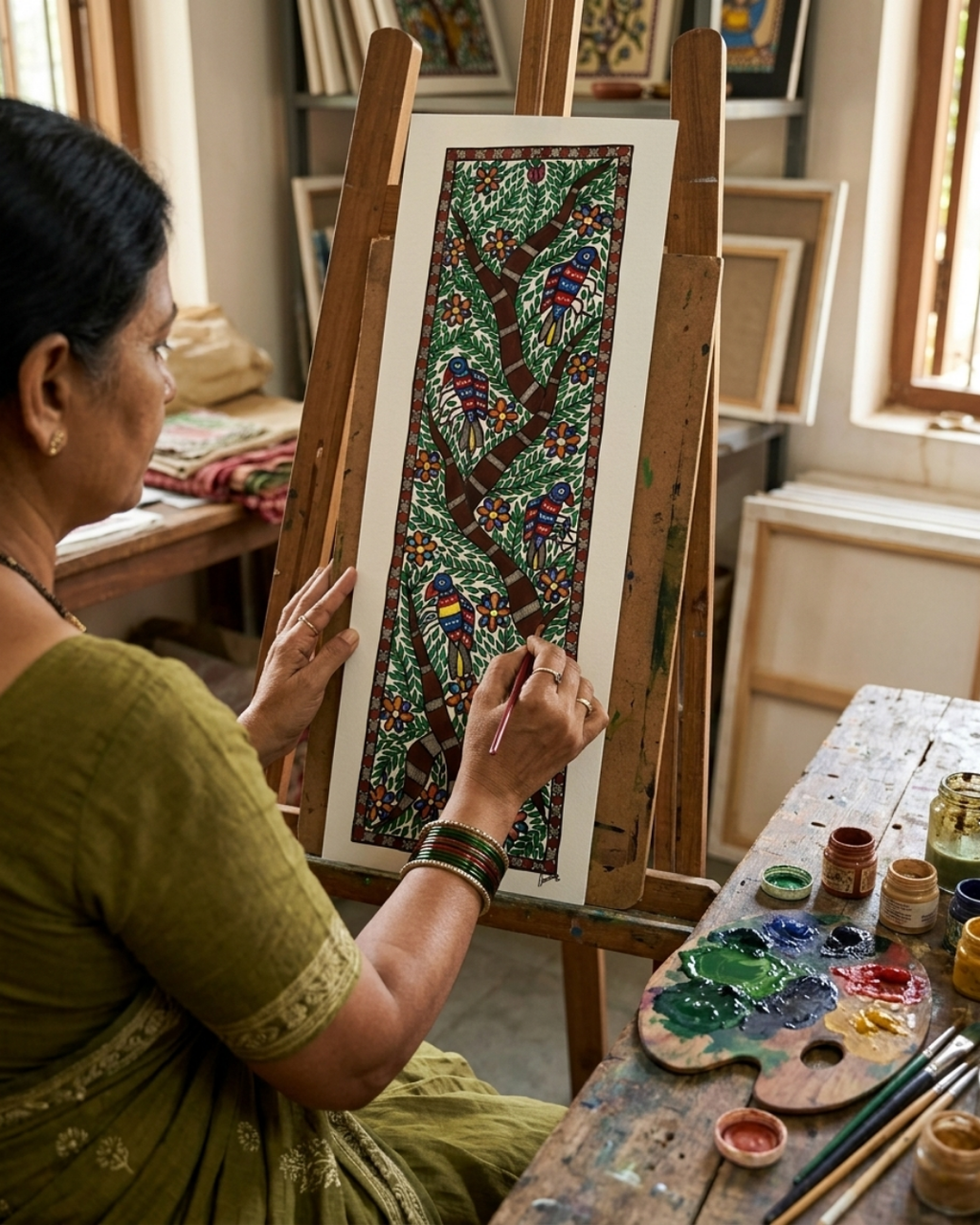 Tree of Life Madhubani Painting with Birds | Handmade Wall Art