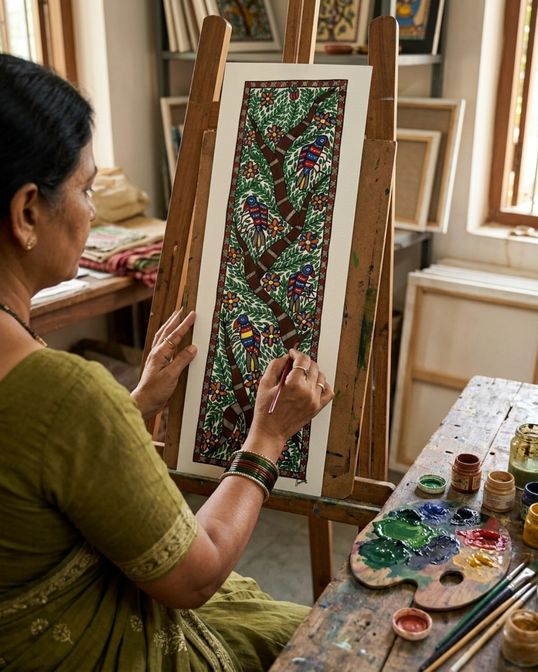 Tree of Life Madhubani Painting with Birds | Handmade Wall Art
