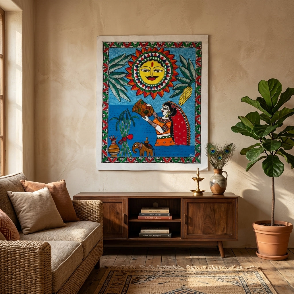 Chhath Puja Madhubani Painting – Handmade Traditional Indian Wall Art