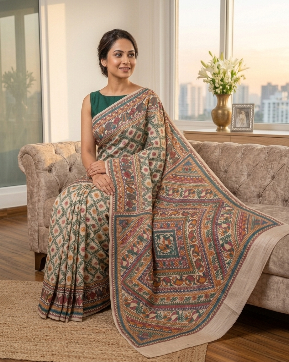 Handmade Madhubani Painting Saree with Blouse | All Over Hand-Painted Ethnic Saree