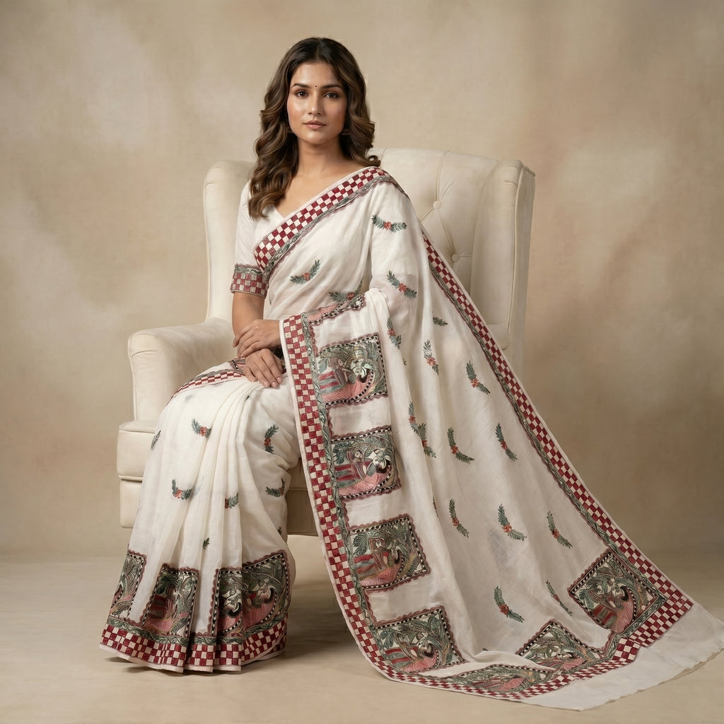 White Handmade Madhubani Painting Saree with Blouse