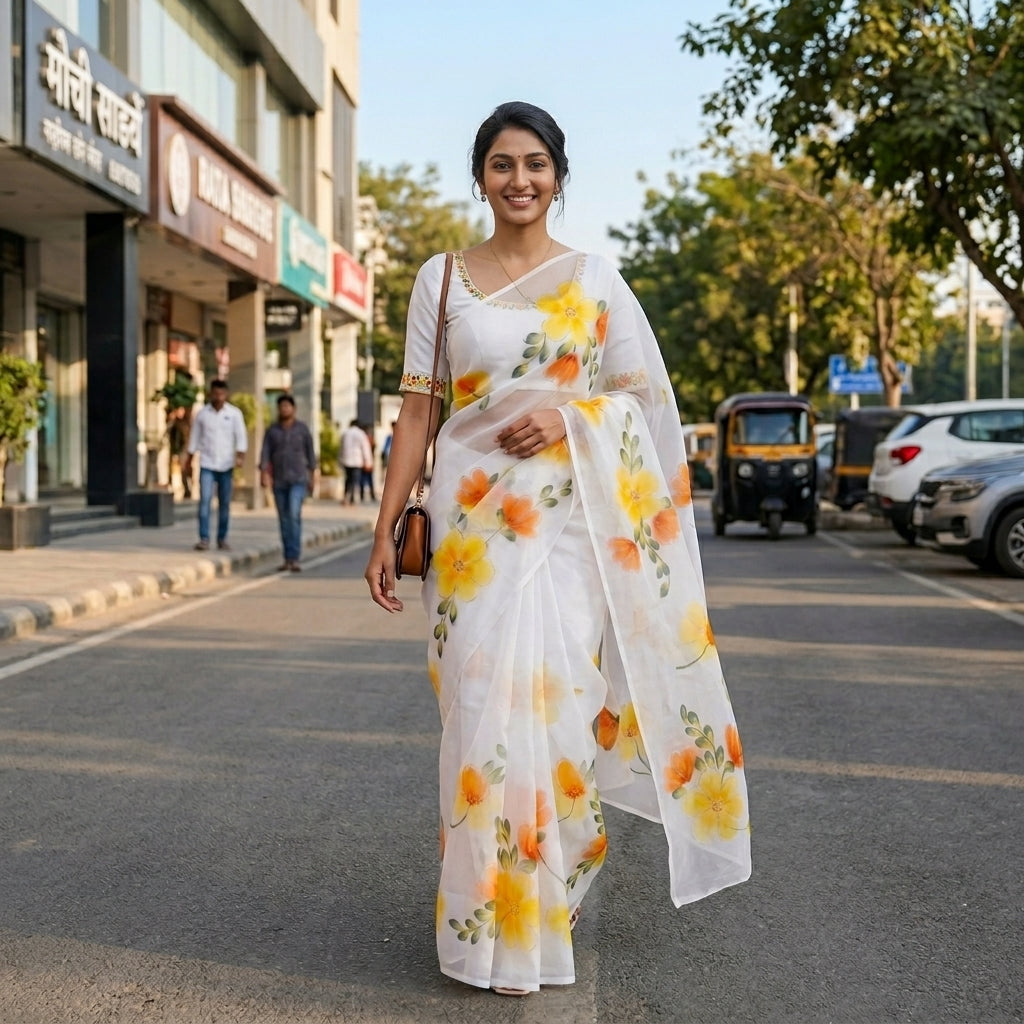 White Floral Handmade Madhubani Painting Saree with Blouse