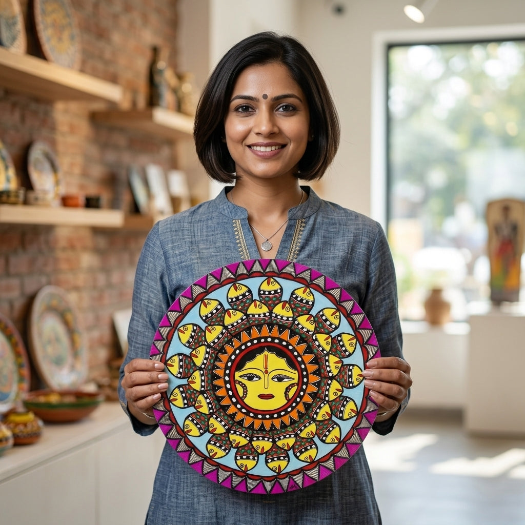 Handmade Surya & Fish Madhubani Wall Art on MDF Board – Traditional Mithila Painting Decor