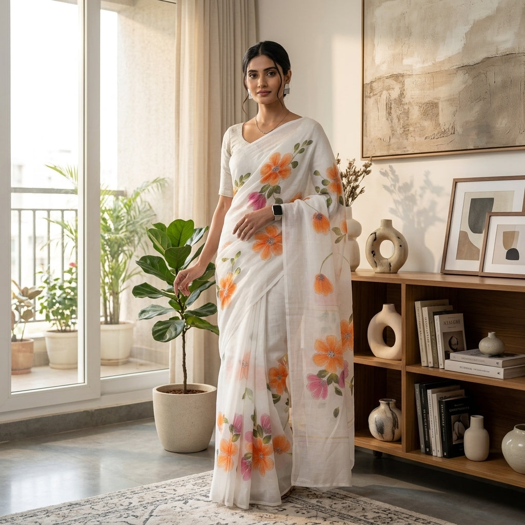 Floral Handmade Madhubani Painting Saree with Blouse  | Hand-Painted Mithila Art Saree for Women