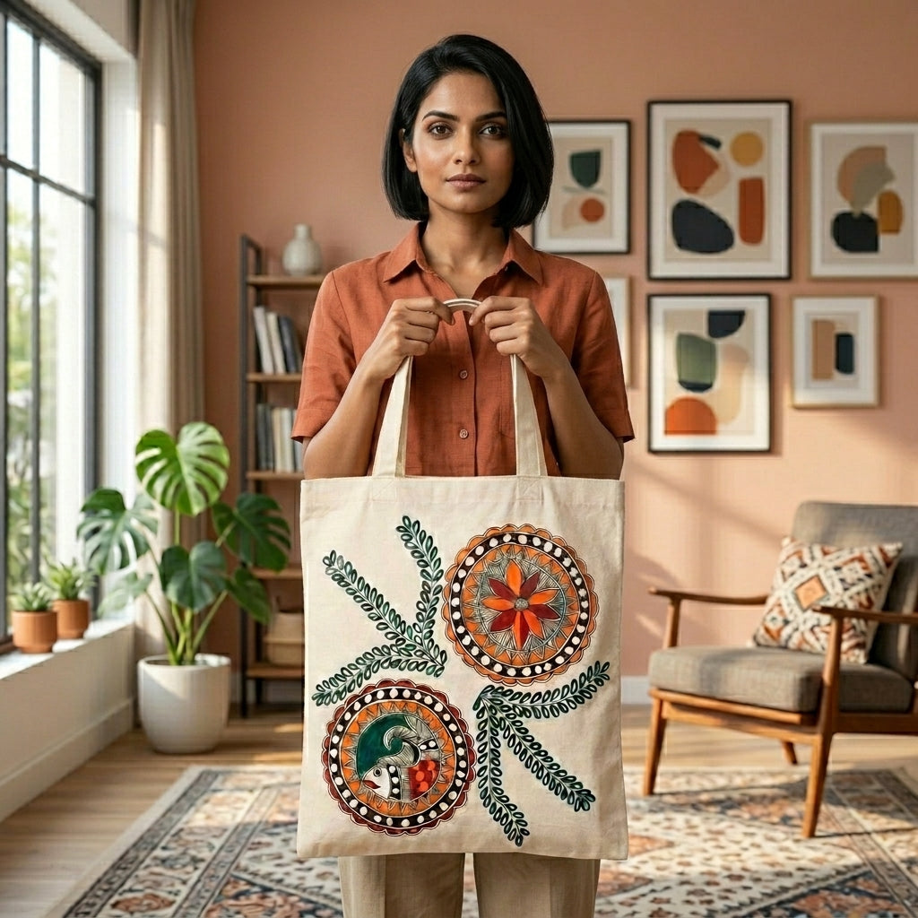 Madhubani Painting Tote Bag – Handmade Folk Art Carry Bag for Shopping, Travel & Daily Use