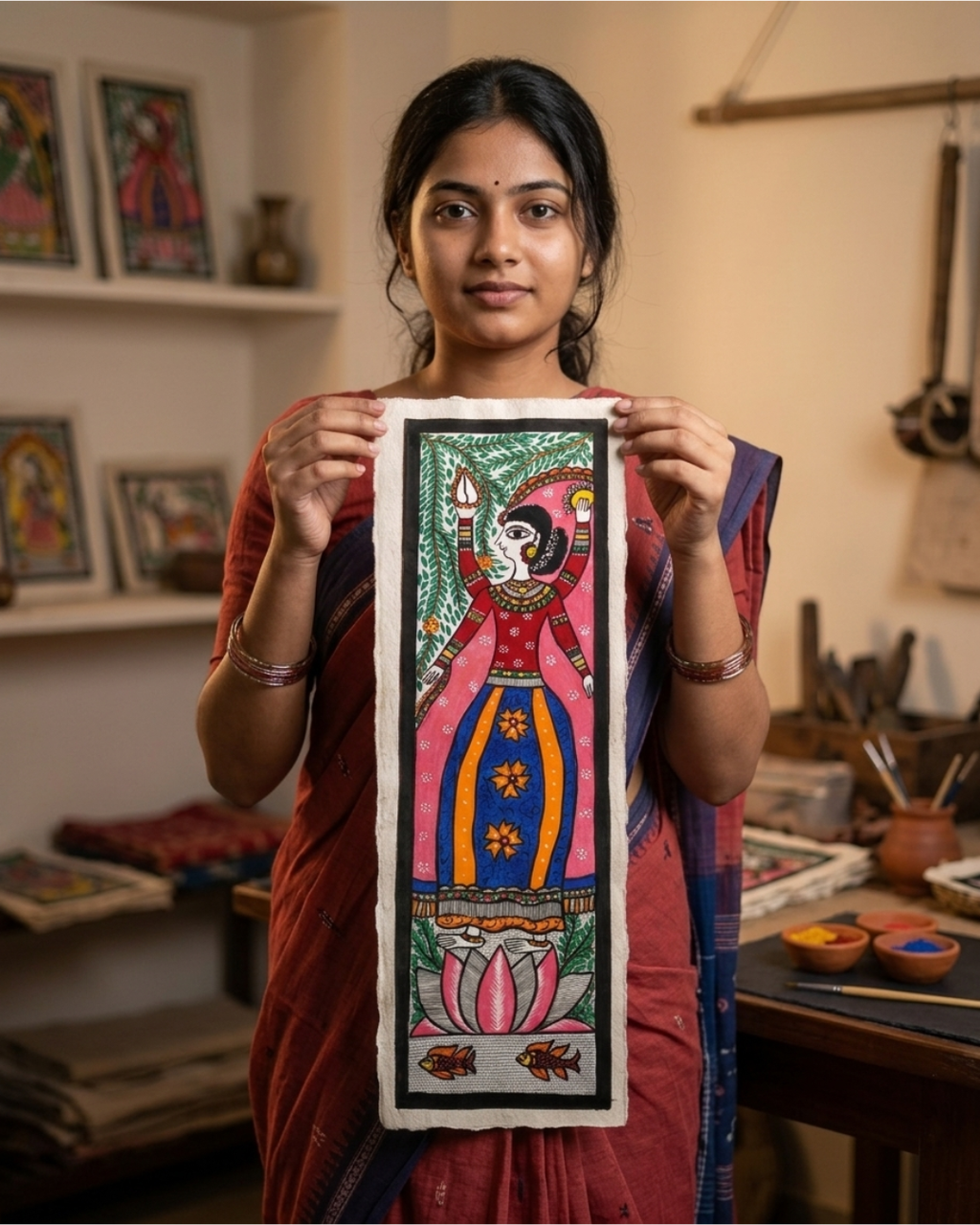 Mata Laxmi Madhubani Painting on Handmade Paper (10x30 Inch) – Traditional Mithila Folk Art Wall Decor