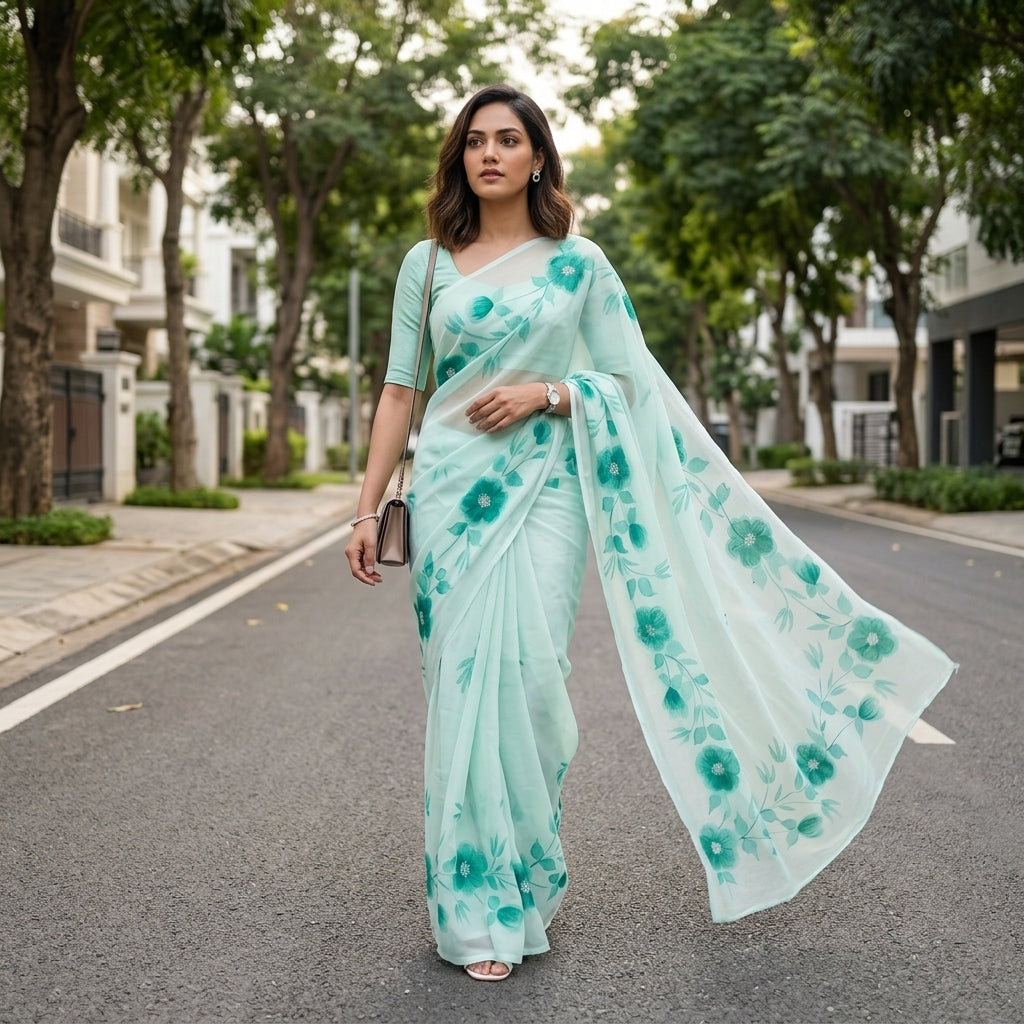 Mint Green Floral Handmade Madhubani Painting Saree with Blouse
