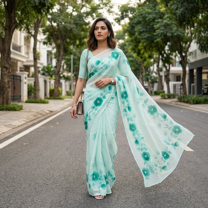 Mint Green Floral Madhubani Saree with Blouse