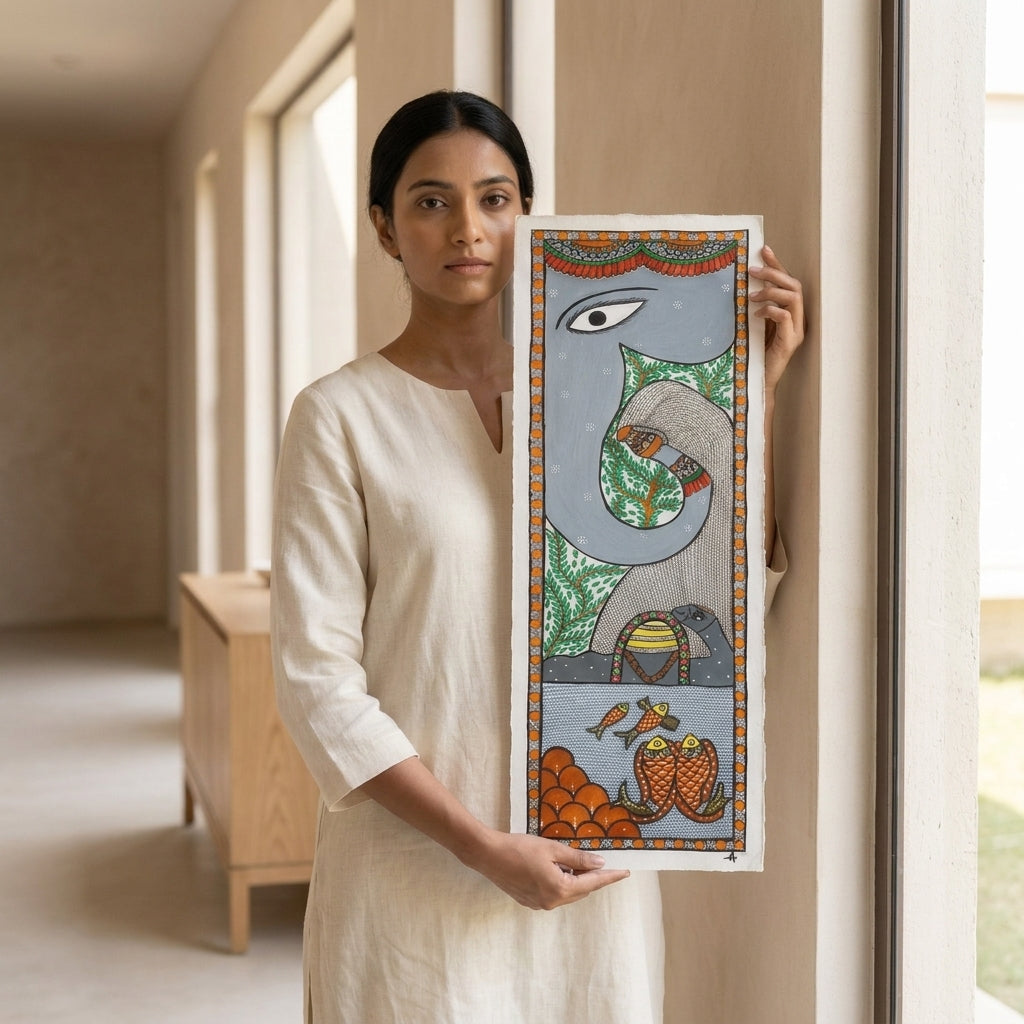 Elephant Tree of Life Madhubani Painting – Handmade Paper Art