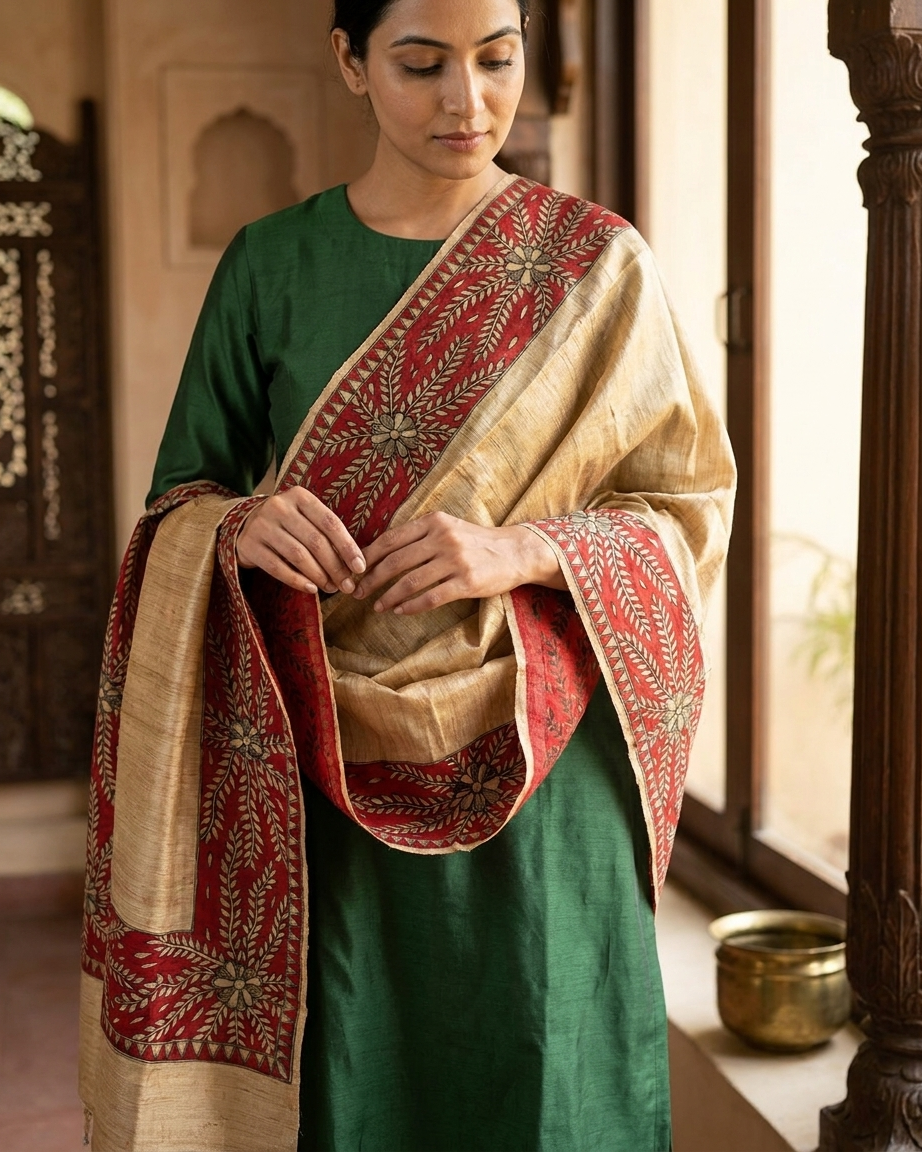 Handmade Madhubani Painting Dupatta – Ethnic Wear Designer Dupatta for Women