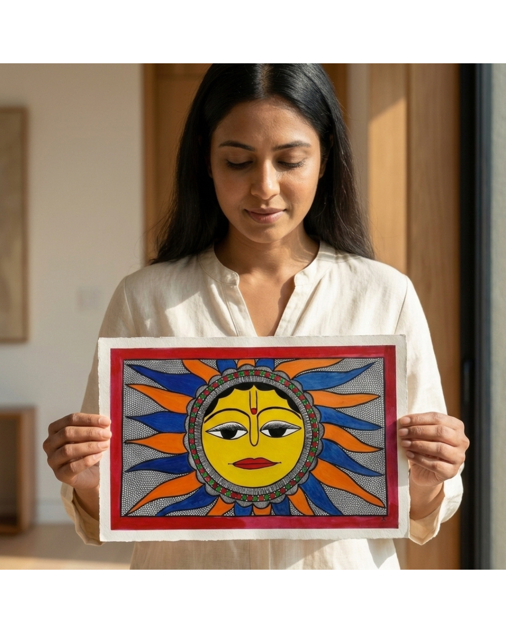 Sun Madhubani Painting on Handmade Paper (14x22 Inch) – Traditional Mithila Folk Art Wall Decor