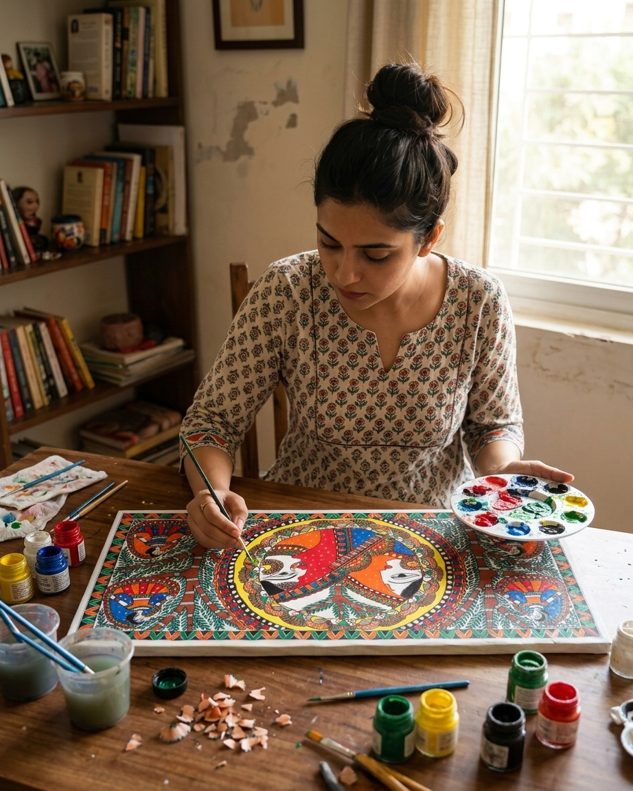 Krishna Radha Rashlila Madhubani Painting Canvas Wall Art Without Frame