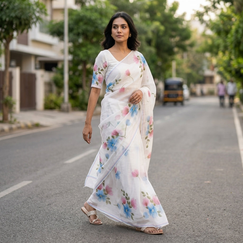 White Floral Handmade Madhubani Painting Saree with Blouse