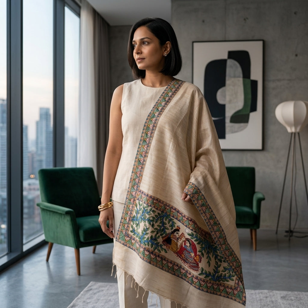 Handmade Madhubani Painting Dupatta for Women – Handcrafted Traditional Ethnic