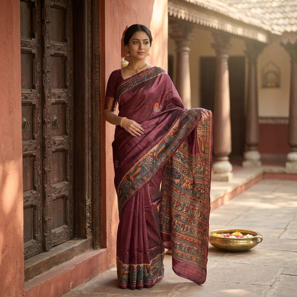 Handmade Madhubani Painting Silk Saree with Blouse | Ethnic Saree for Women