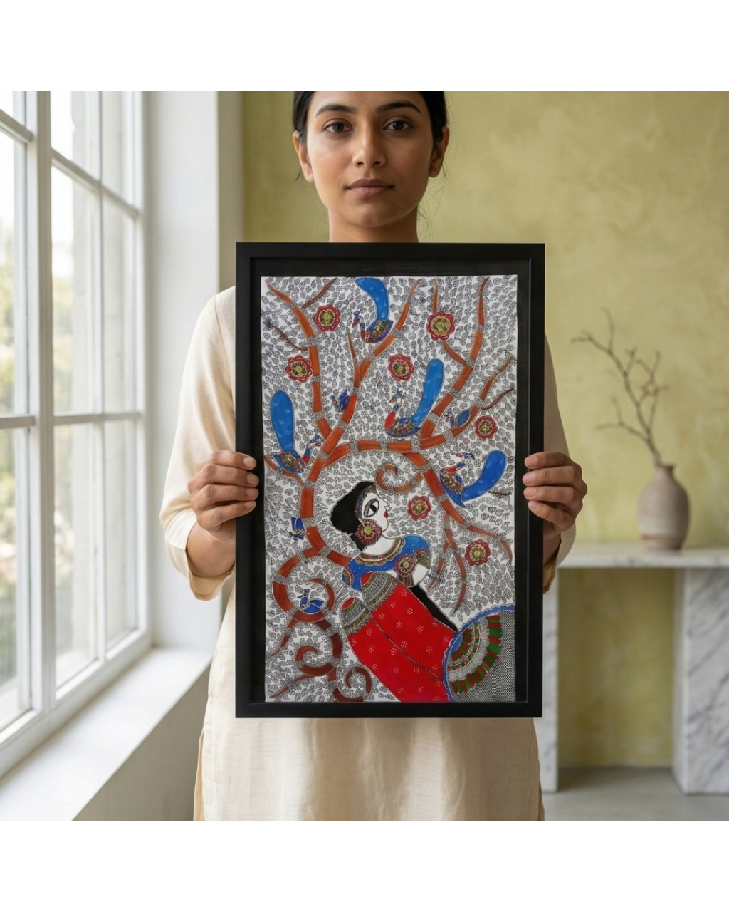 Bharti Mata Madhubani Painting on Handmade Paper (14x22 Inch) – Traditional Mithila Folk Art Wall Decor