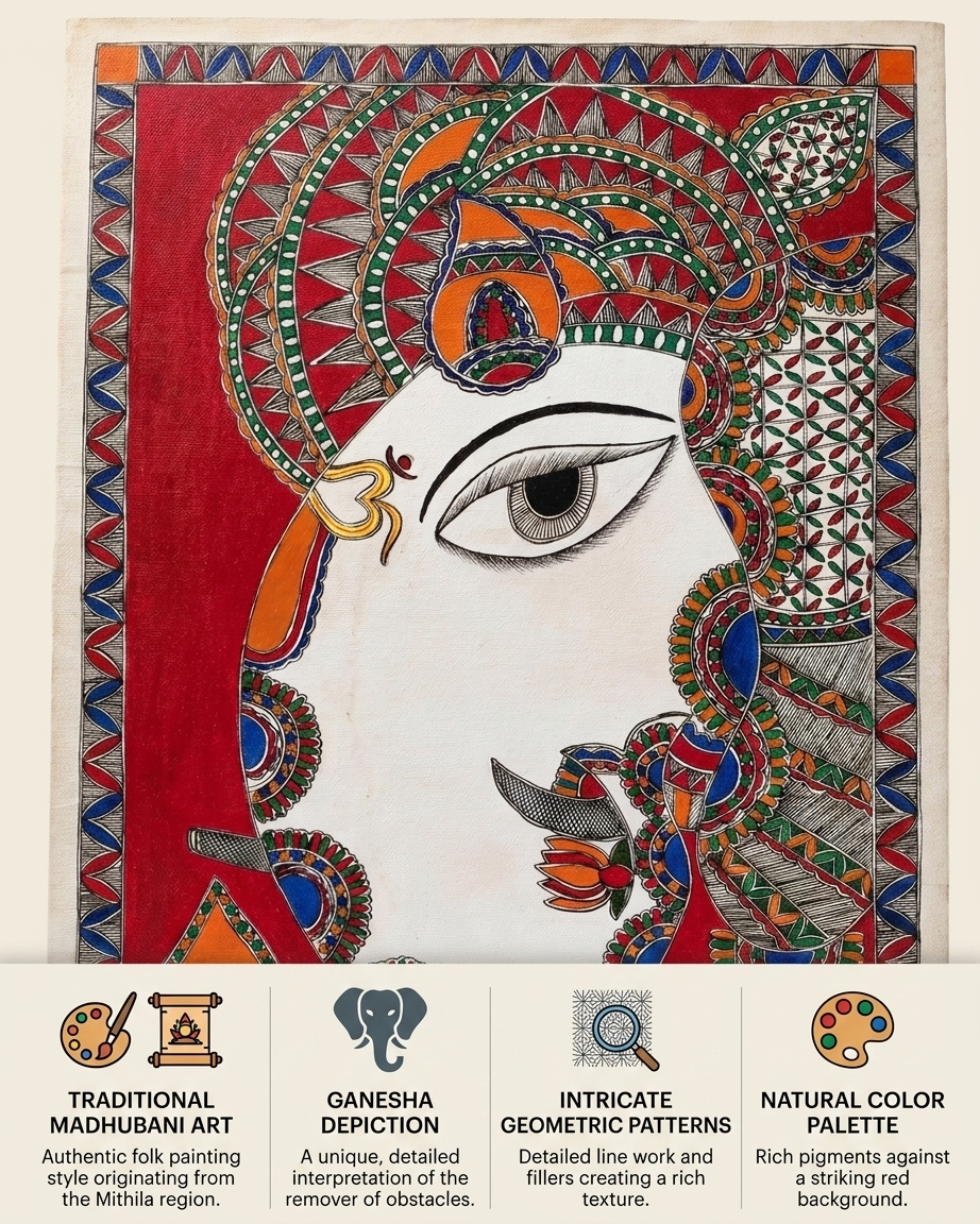 Ganesha Madhubani Painting Handmade Paper Wall Art Without Frame