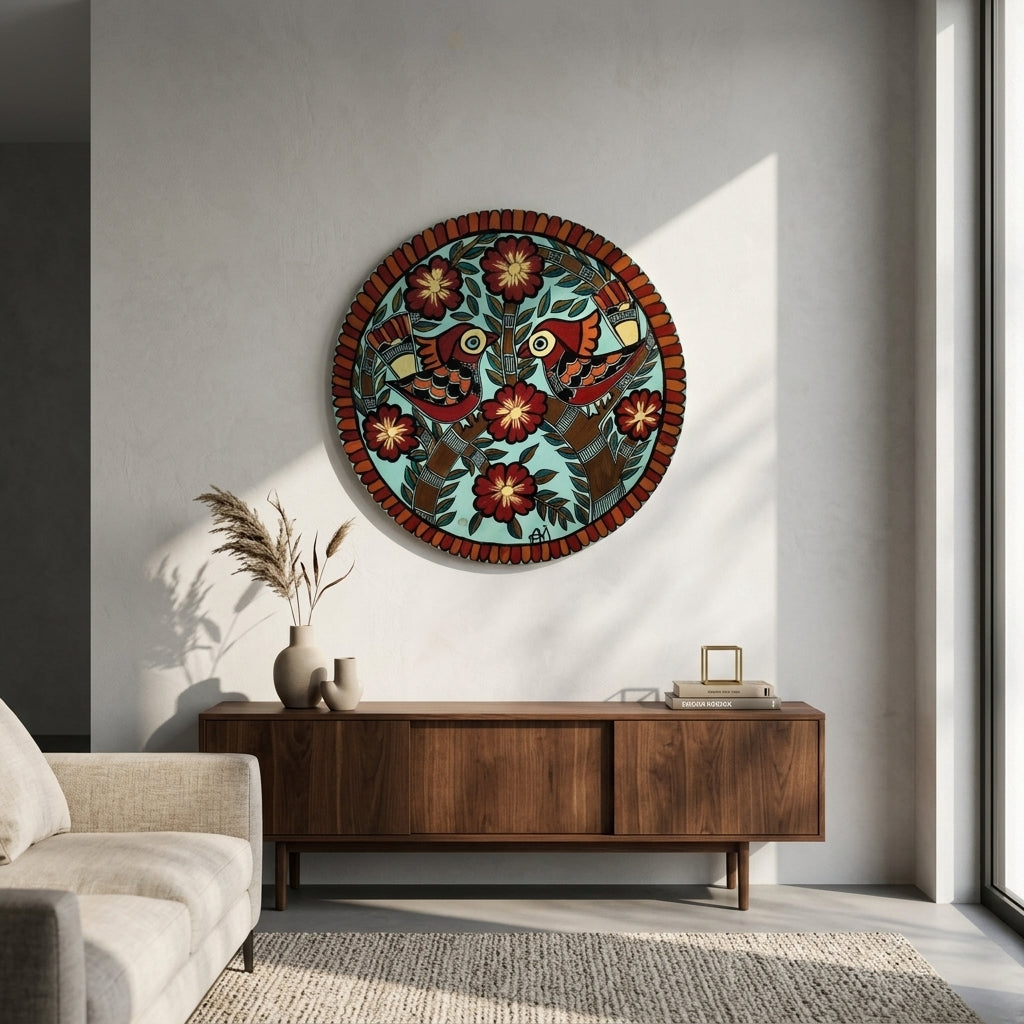 Birds Tree of Life Madhubani Painting Wall Art – Handmade Decorative Wall Hanging