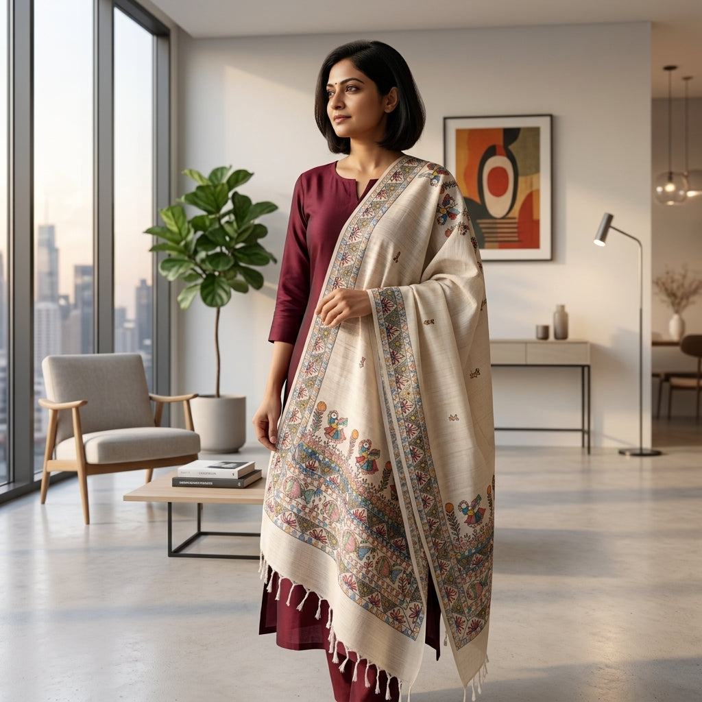 Handmade Madhubani Painting Dupatta for Women – Ethnic Handcrafted