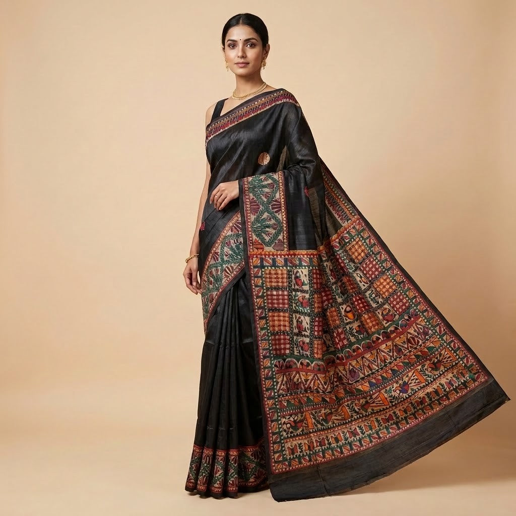 Black Handmade Madhubani Painting Saree with Blouse