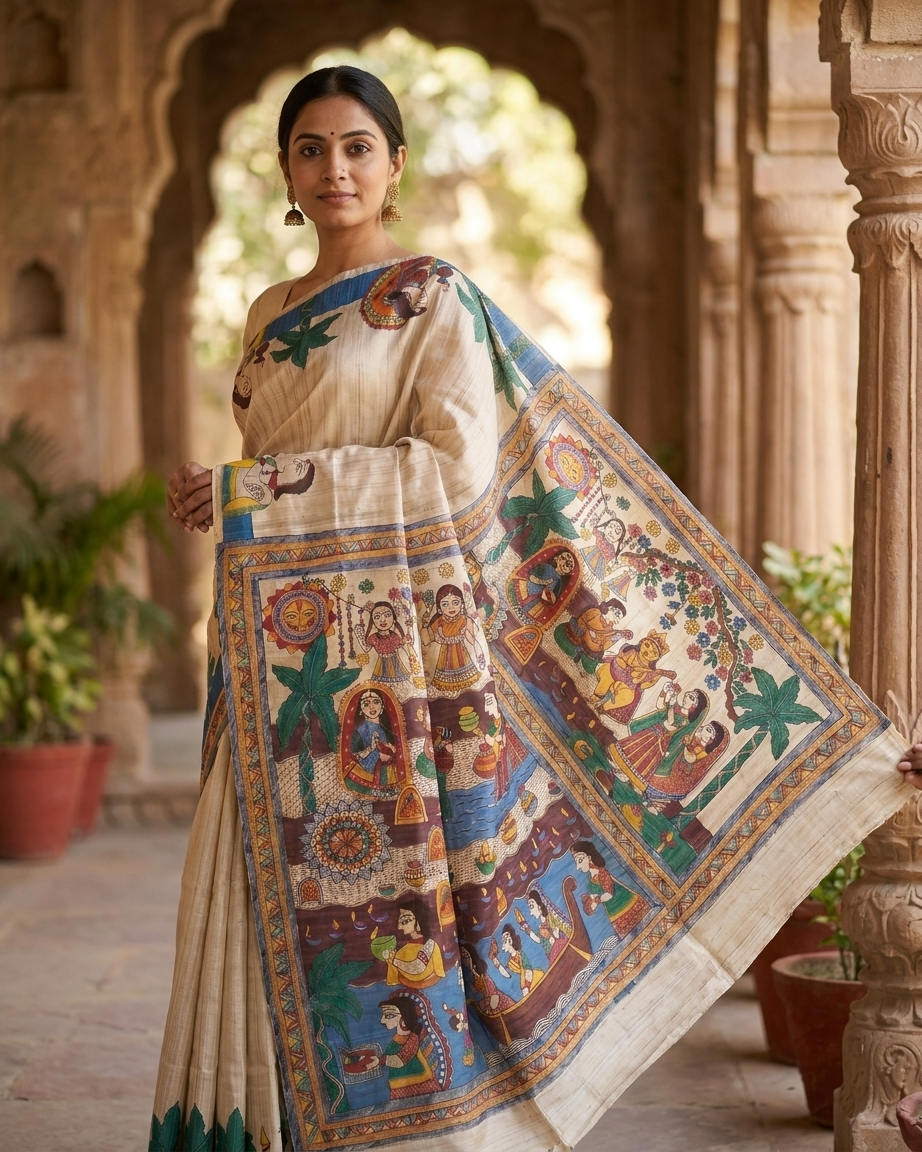 Handmade Madhubani Painting Silk Saree with Blouse | Ethnic Saree