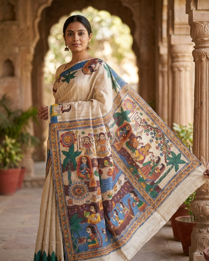 Handmade Madhubani Painting Saree with Blouse for Women
