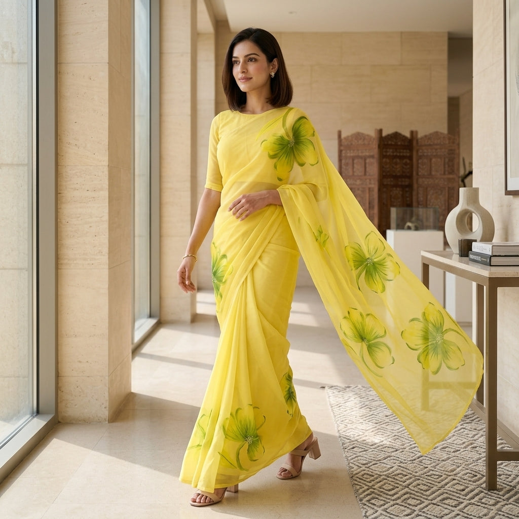 Lemon Yellow Floral Handmade Madhubani Painting Saree with Blouse – Handcrafted Mithila Art