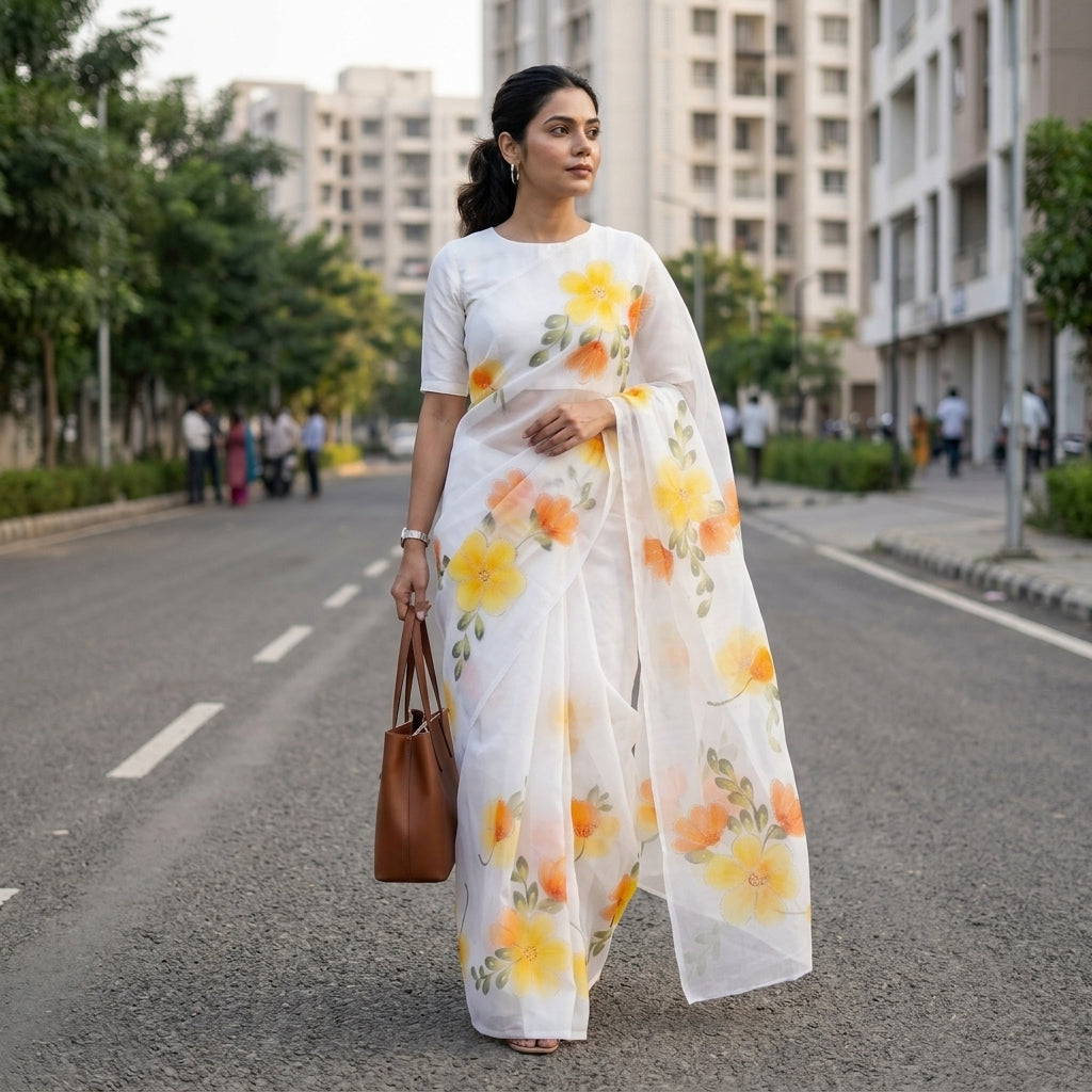 White Floral Handmade Madhubani Painting Saree with Blouse
