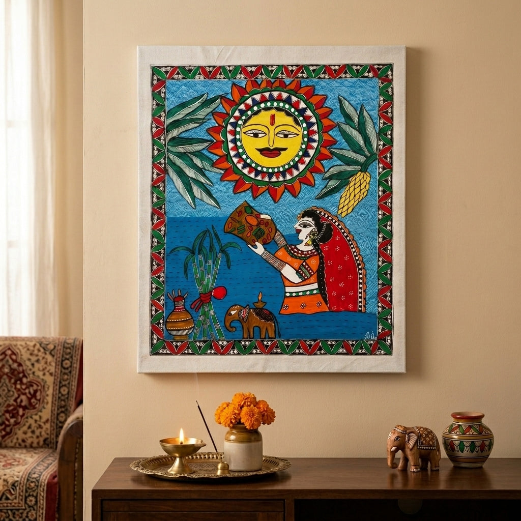 Chhath Puja Madhubani Painting – Handmade Traditional Indian Wall Art