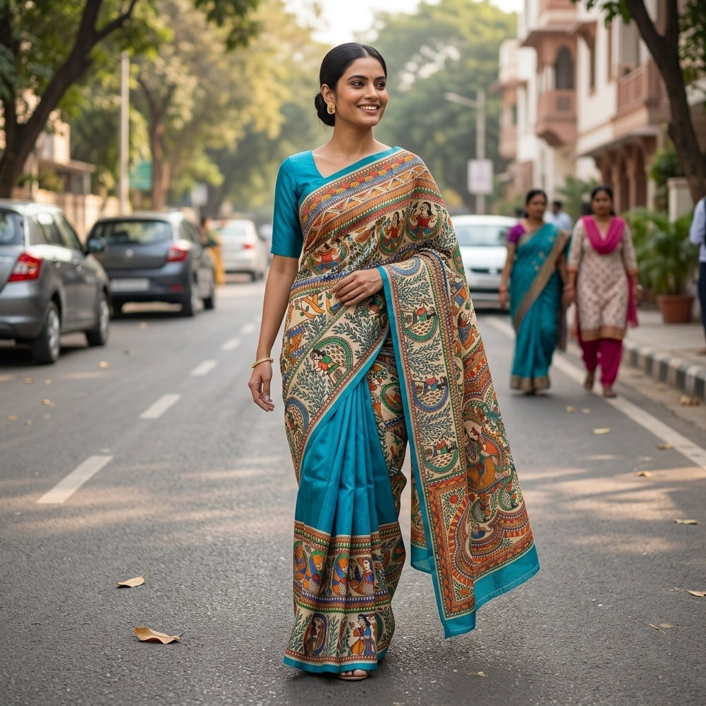Bright Blue Handmade Madhubani Painting  Saree with Blouse