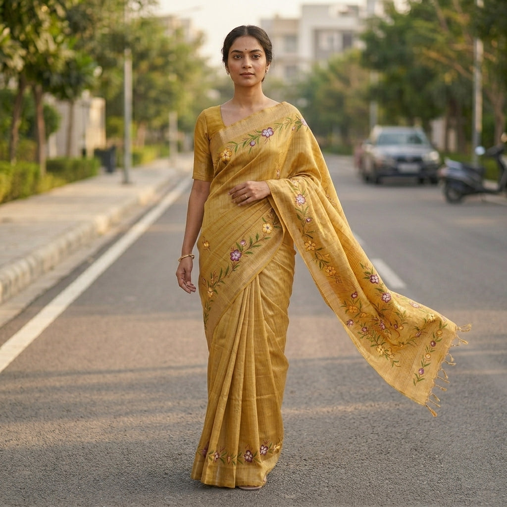 Golden Beige Floral Handmade Madhubani Painting  Saree with Blouse