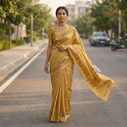 Golden Beige Floral Madhubani Saree with Blouse