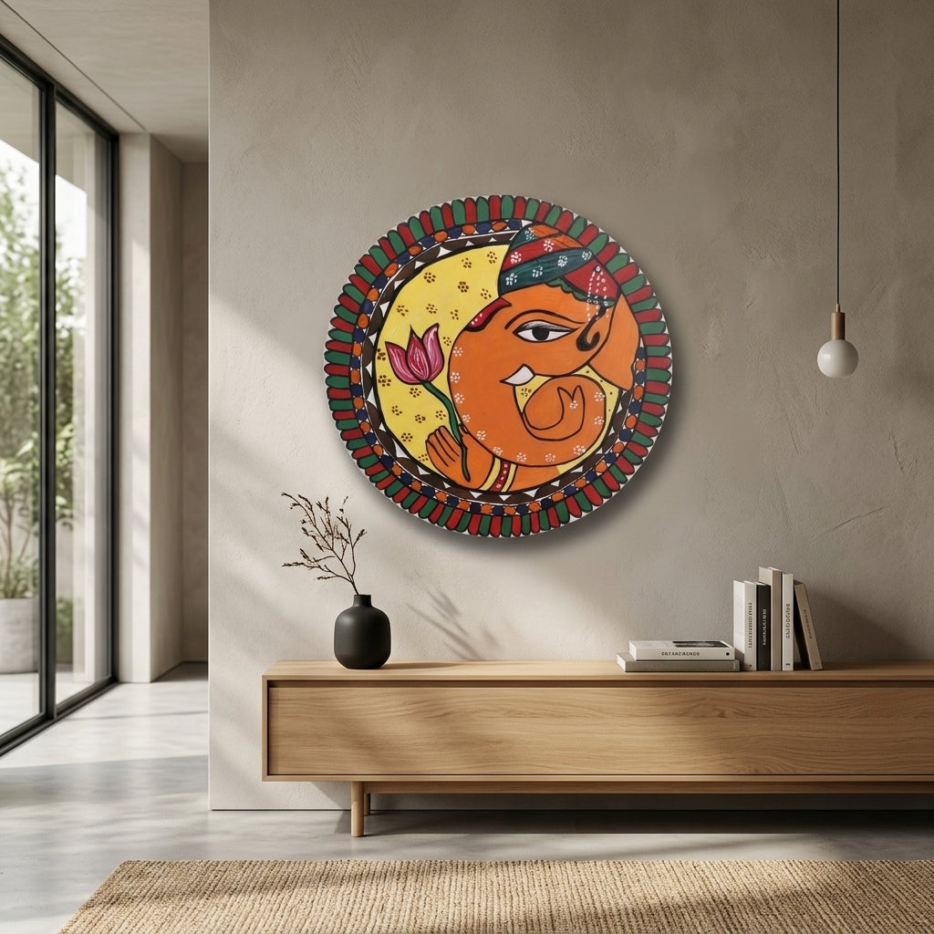 Handmade Ganesha Madhubani Painting Wall Art MDF Board – Traditional Mithila Art Home Decor