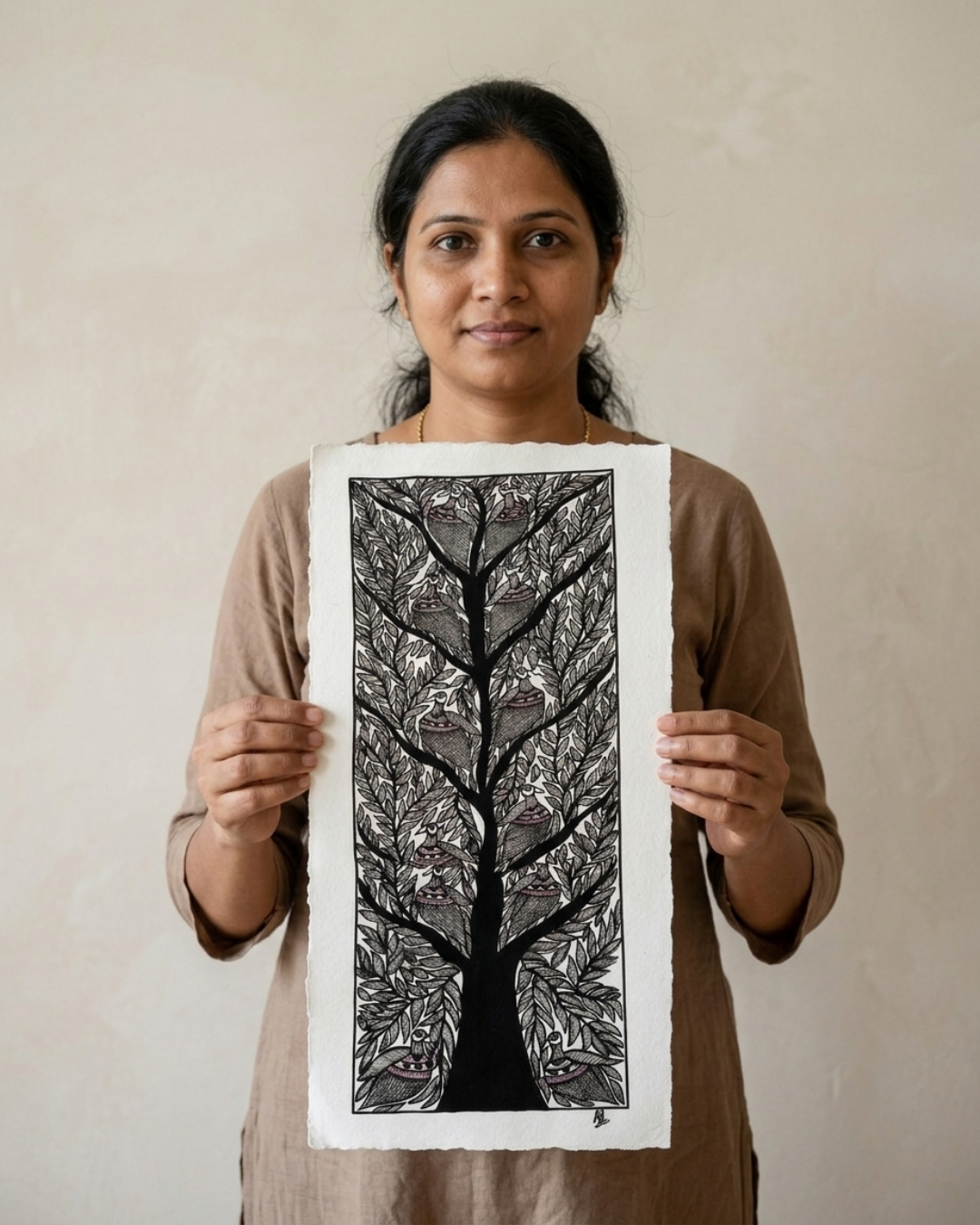 Black & White Tree of Life Madhubani Painting | Handmade Art