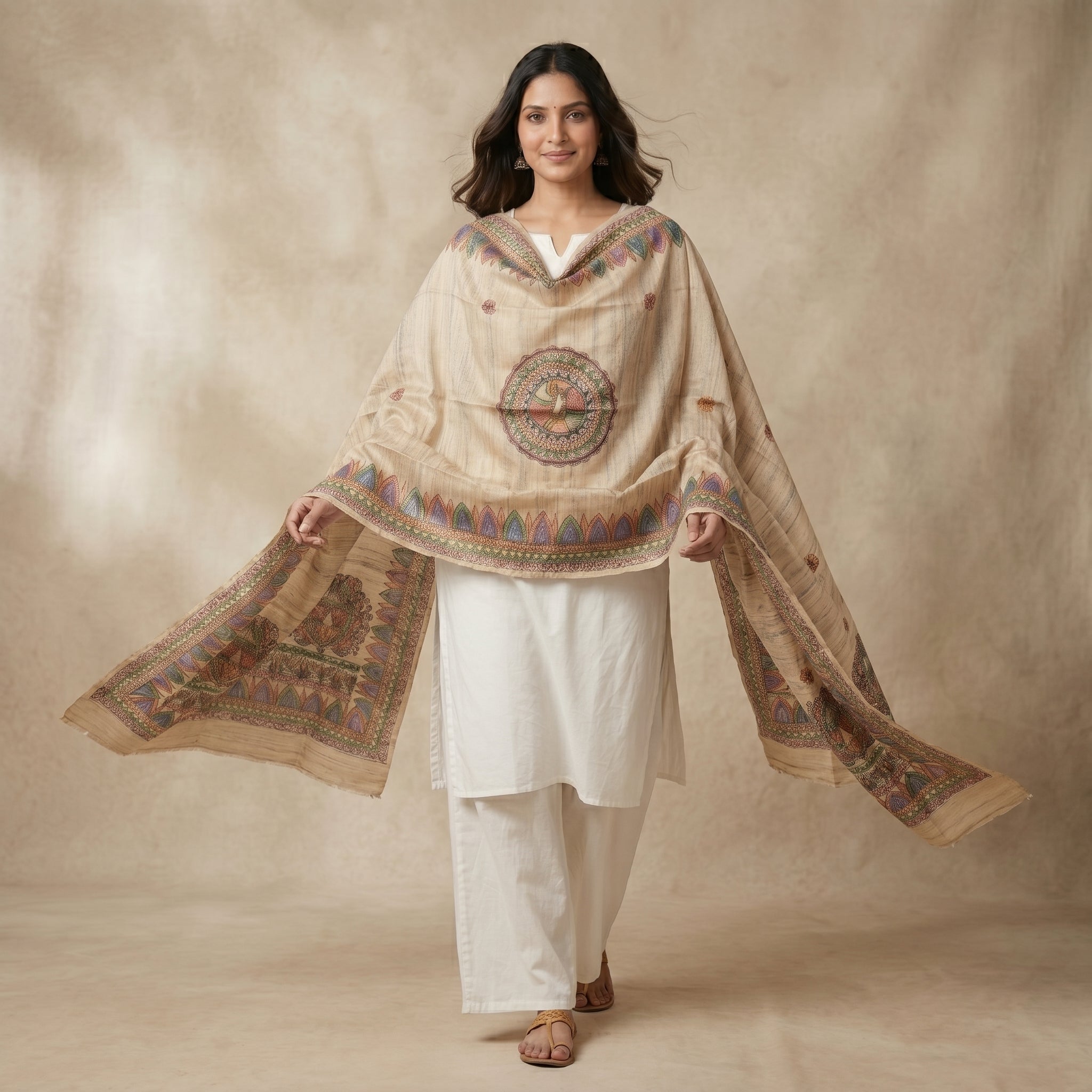 Handmade Madhubani Painting Dupatta |  Ethnic Hand-Painted Dupatta