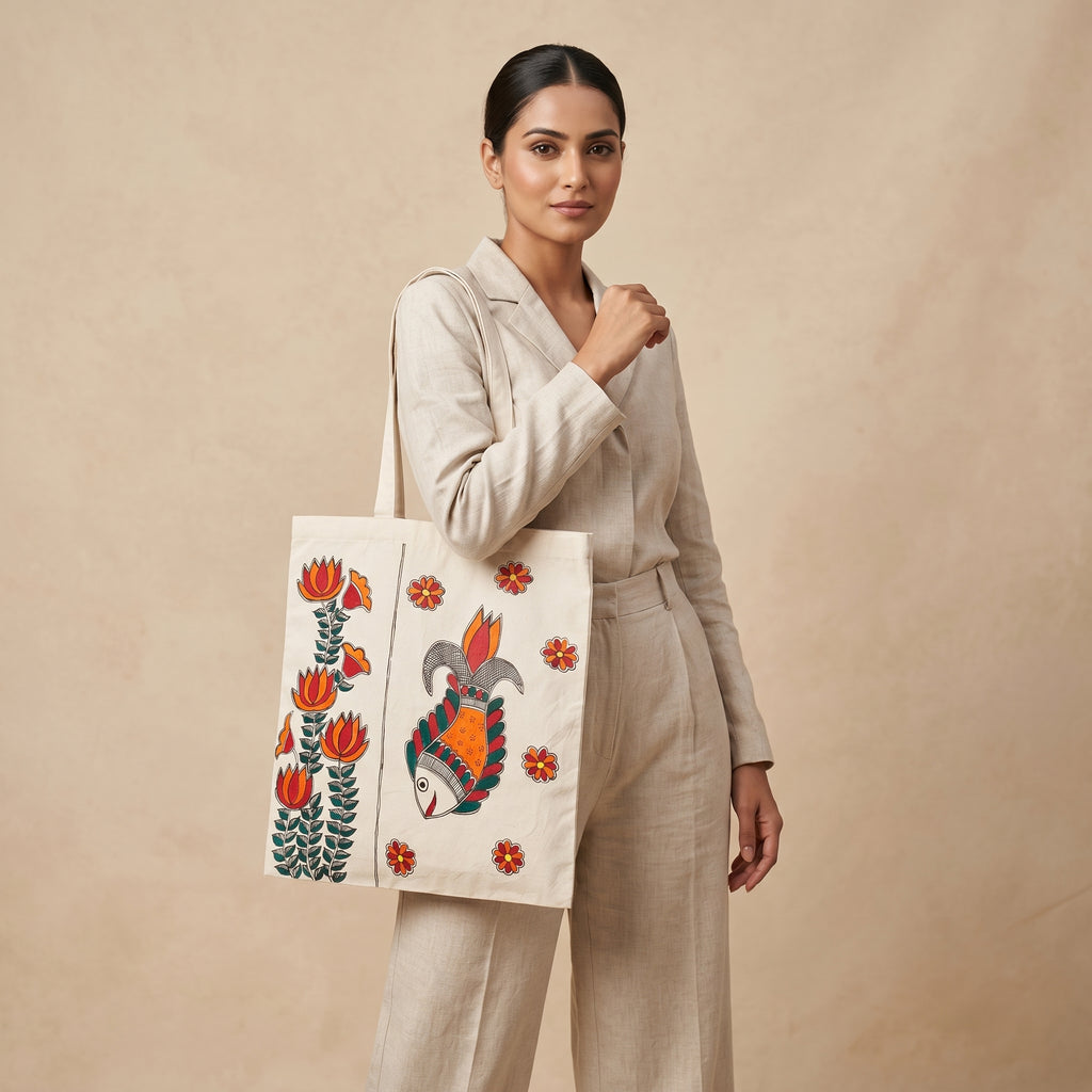 Hand-Painted Madhubani Painting Tote Bag – Ethnic Carry Bag