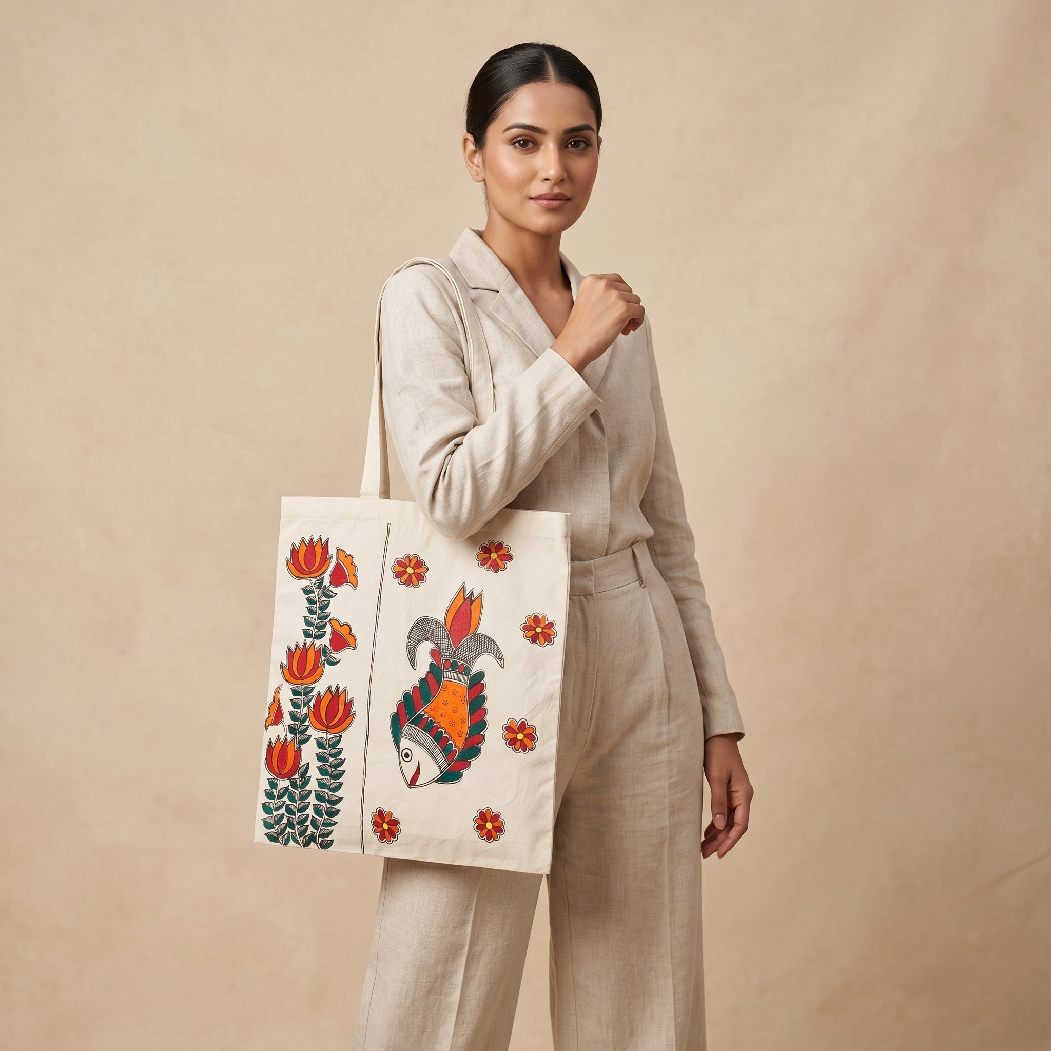 Hand-Painted Madhubani Painting Tote Bag – Ethnic Carry Bag