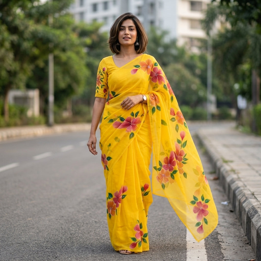 Bright Yellow Floral Handmade Madhubani Painting Saree with Blouse