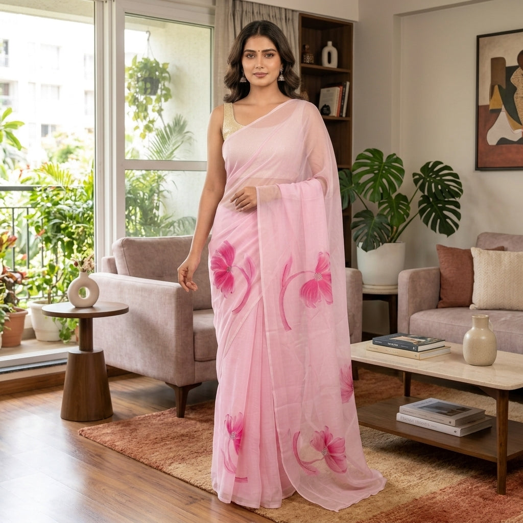 Floral Handmade Madhubani Painting Saree with Blouse Piece – Elegant Hand-Painted Mithila Art Saree for Women