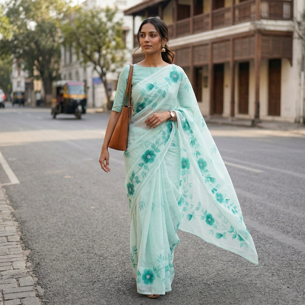 Mint Green Floral Handmade Madhubani Painting Saree with Blouse