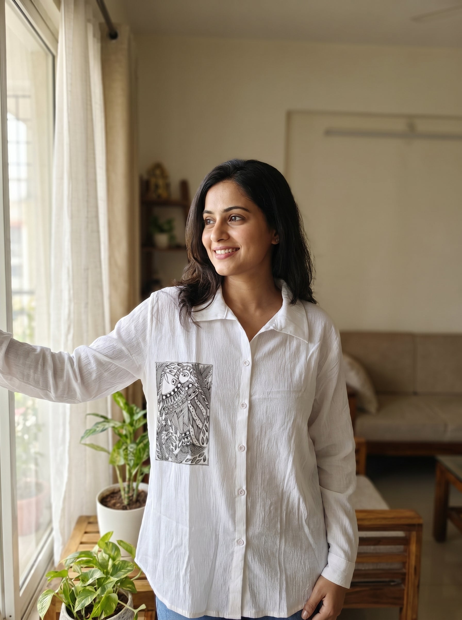 Hand-Painted Madhubani Art Women's Shirt - Traditional Mithila Design