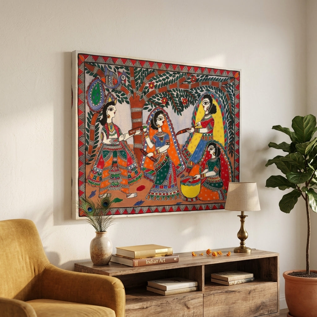 Krishna & Radha Holi Festival Madhubani Painting - Handmade Wall Art