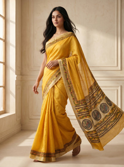 Mustard Yellow Handmade Madhubani Saree with Blouse