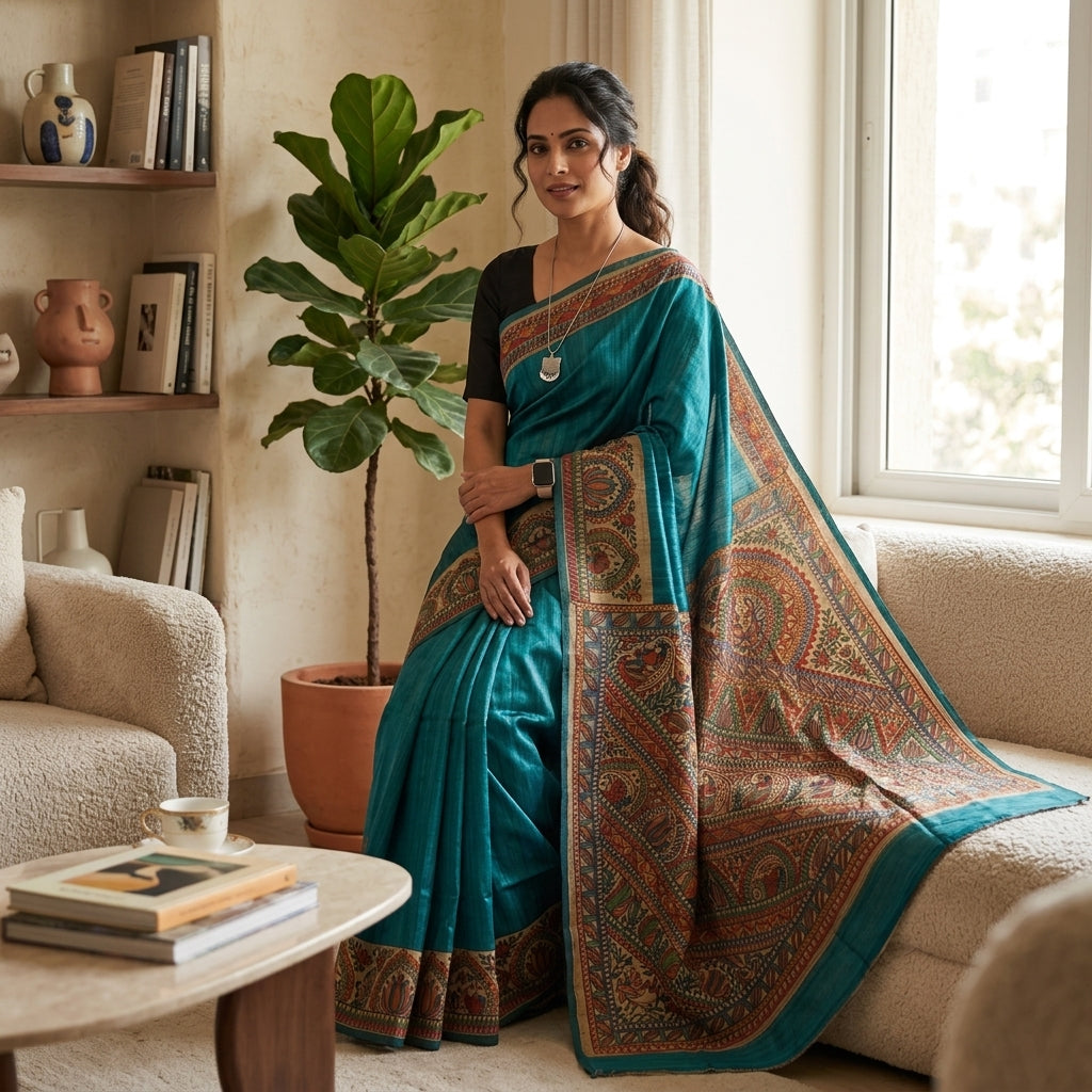 Blue Handmade Madhubani Painting  Saree with Blouse