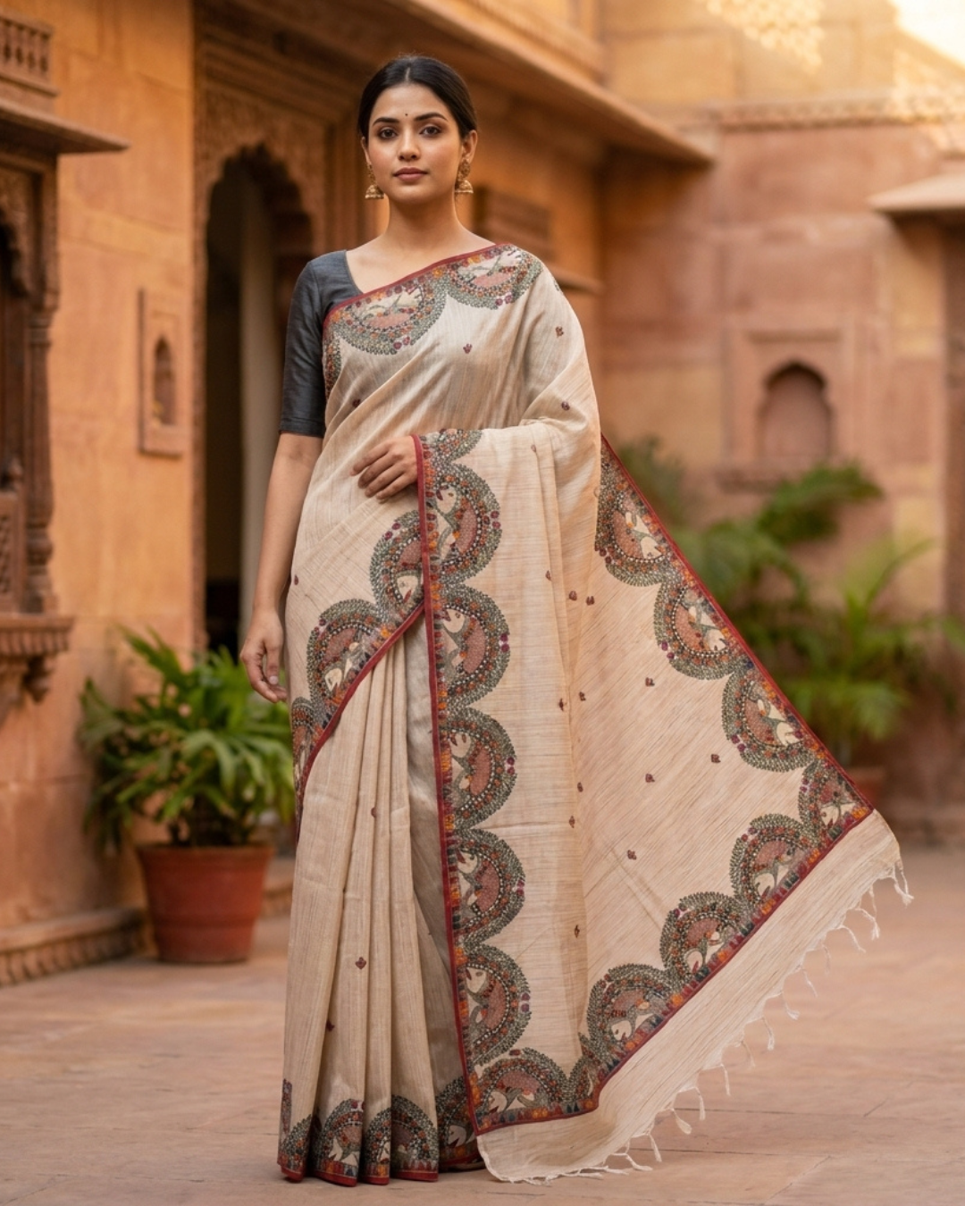 Handmade Madhubani Painting Tussar  Saree with Blouse – Traditional Ethnic Wear for Women